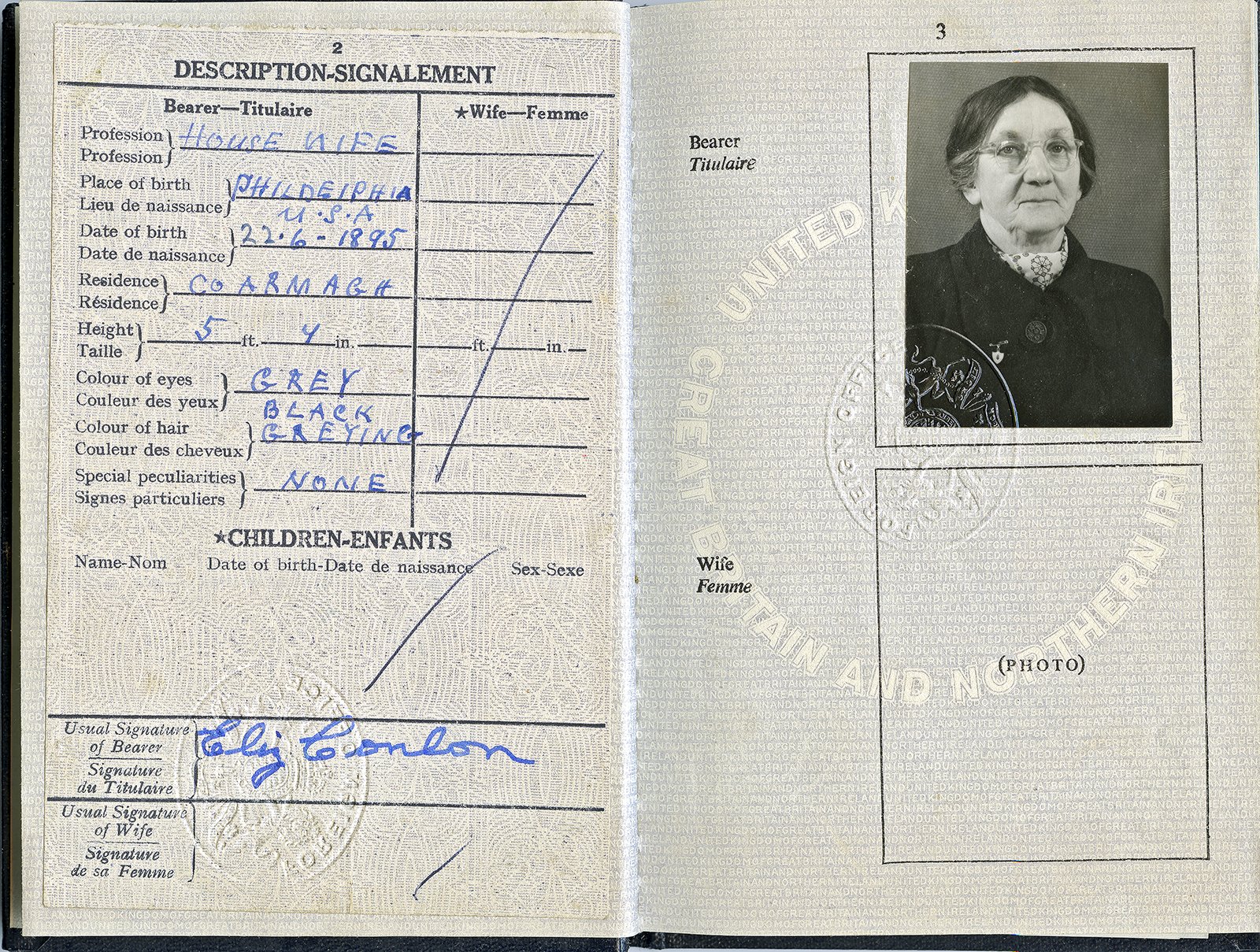 Irish passport for Elizabeth Conlon (neé Mullan) born Philadelphia in 1895, lived in Armagh.