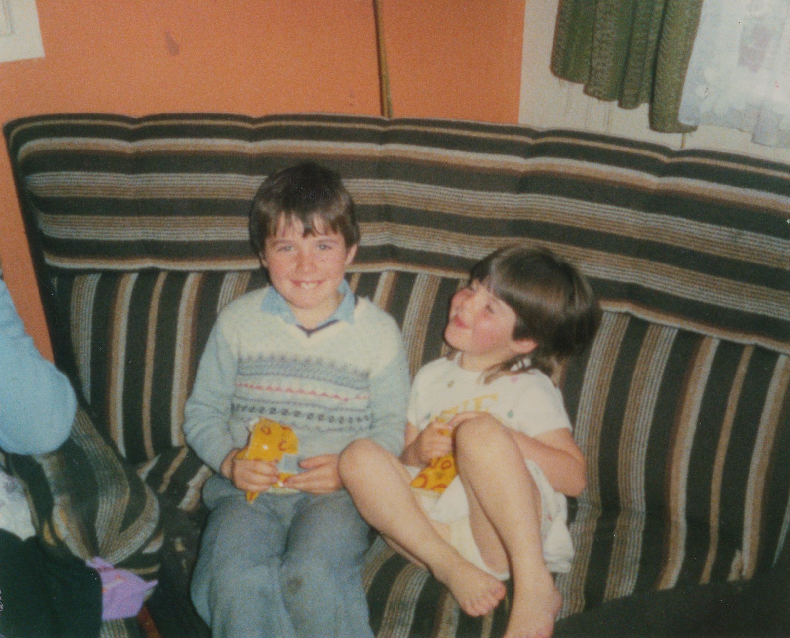 Siblings Kevin and Lisa Crowne in their home at O’Kane Park, Omagh, in 1986.