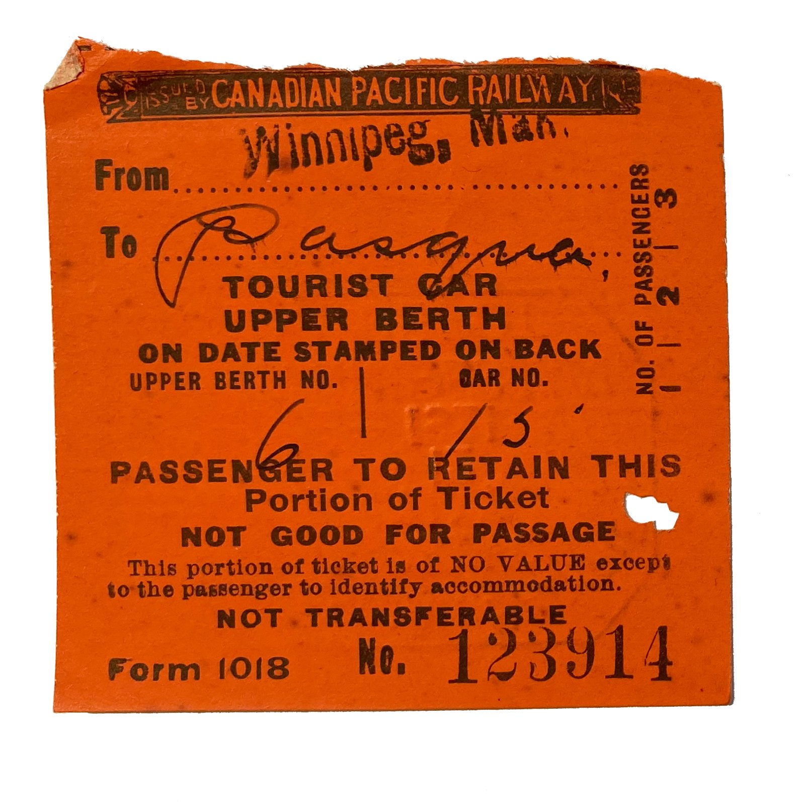 Canadian Pacific Railway Ticket used by Rev AE Scott 