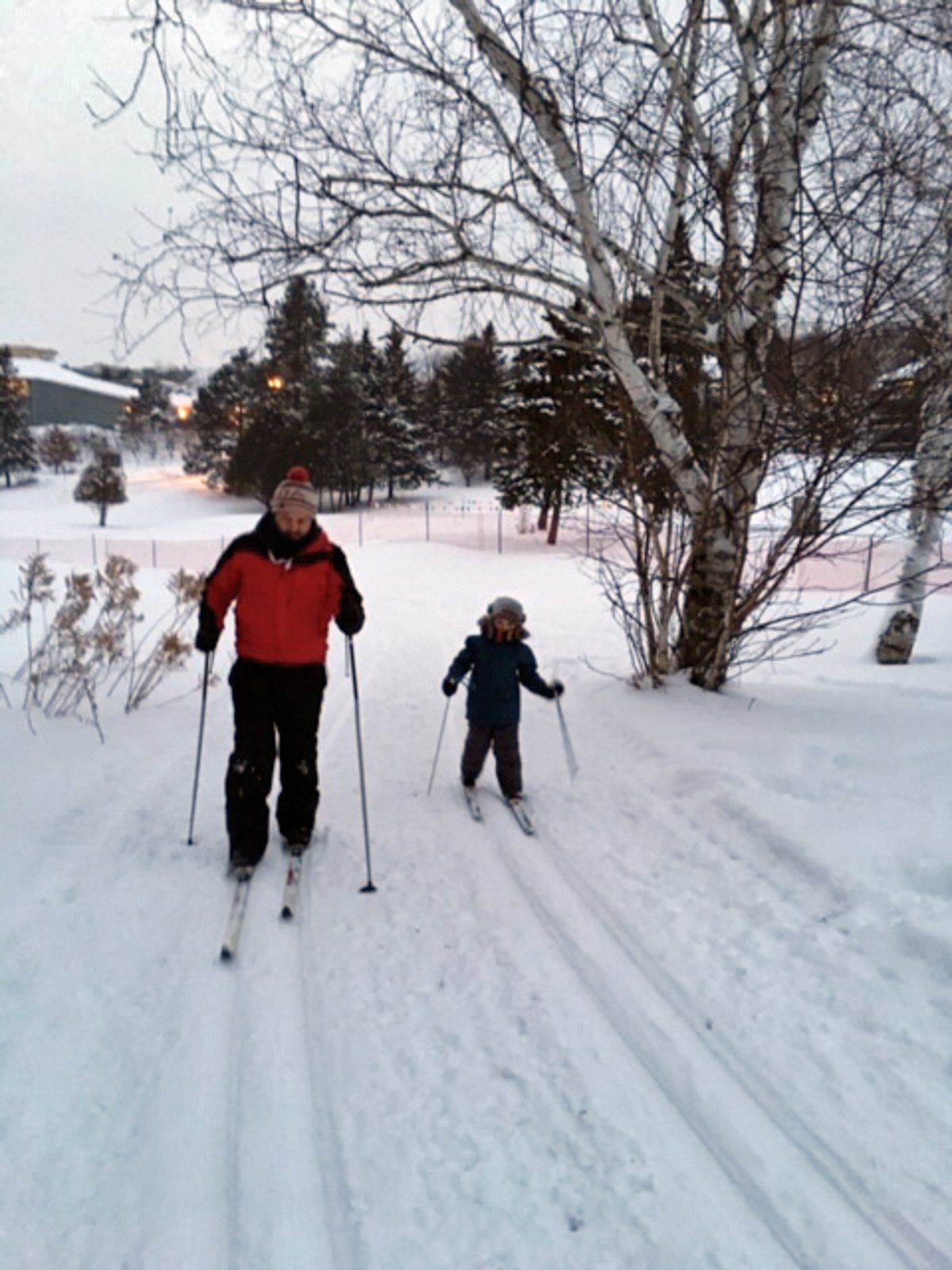 Barry and Lochlainn cross-country skiing in Muskoka, Ontario, January 2018